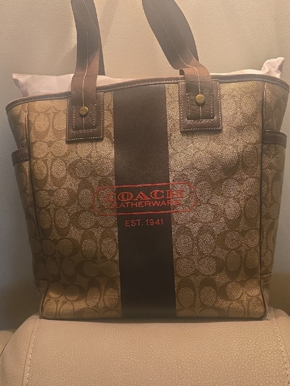 Coach Signature Canvas Tote in Brown with Red Logo